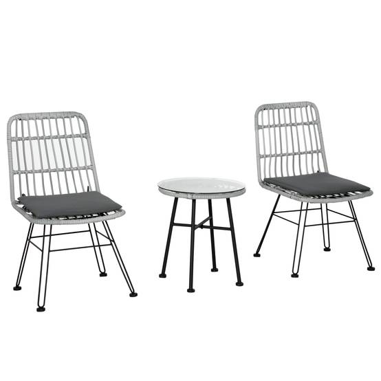 Ensemble table et chaises jardin 3 pcs rotin PE et acier, bistrot, table verre, 2 chaises, gris - Image 2