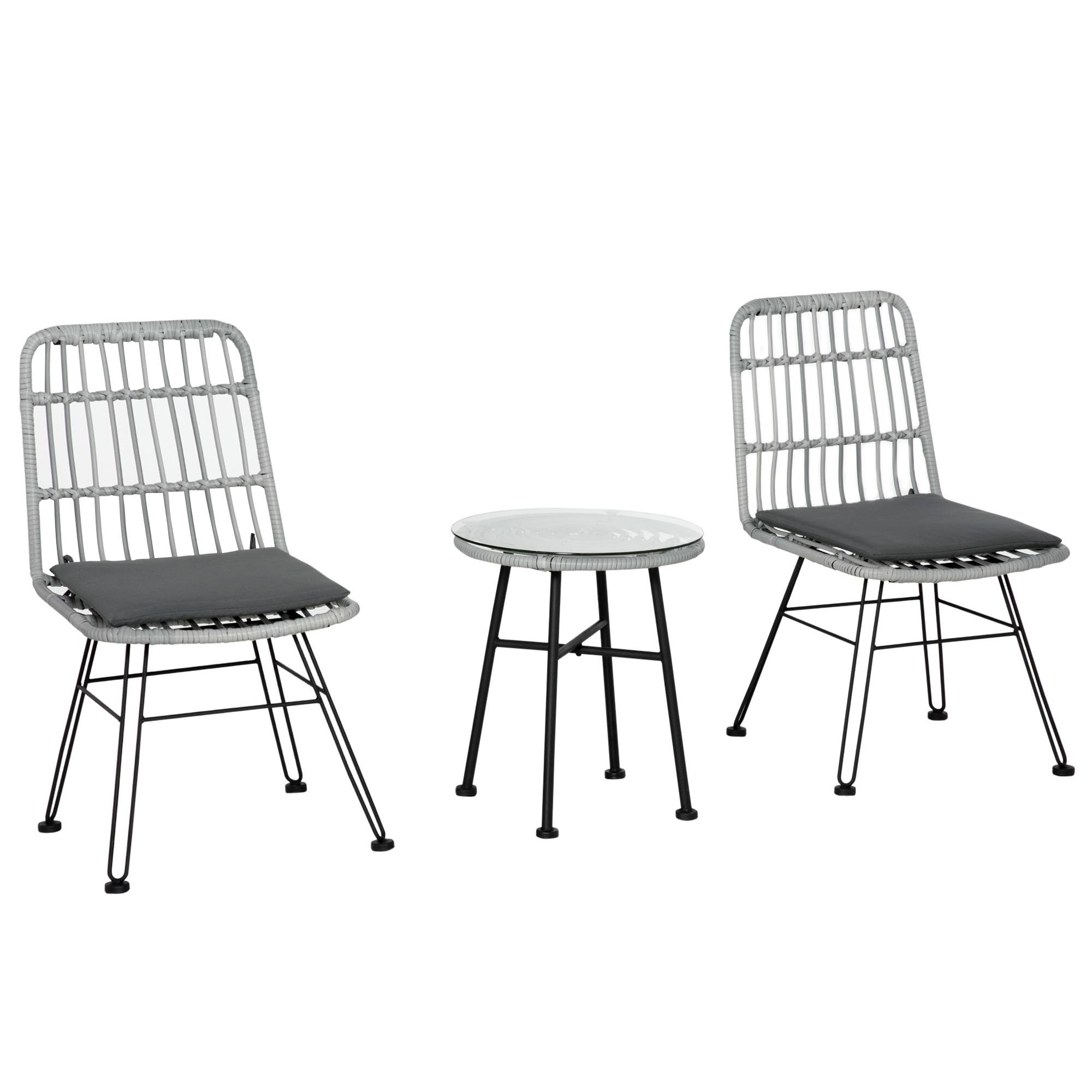 Ensemble table et chaises jardin 3 pcs rotin PE et acier, bistrot, table verre, 2 chaises, gris - Image 2