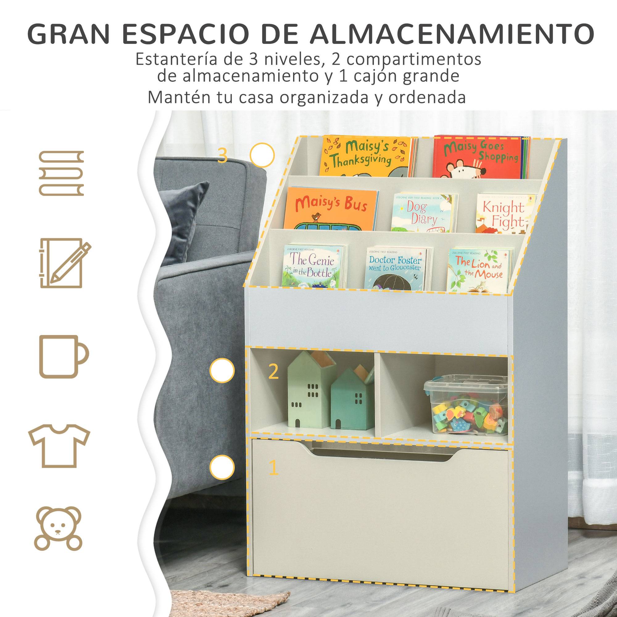 Étagère bois grise 3 compartiments 2 cubes tiroir mobile 4 roulettes rangement jouets livres 60 × 29,9 × 90 cm - Image 6