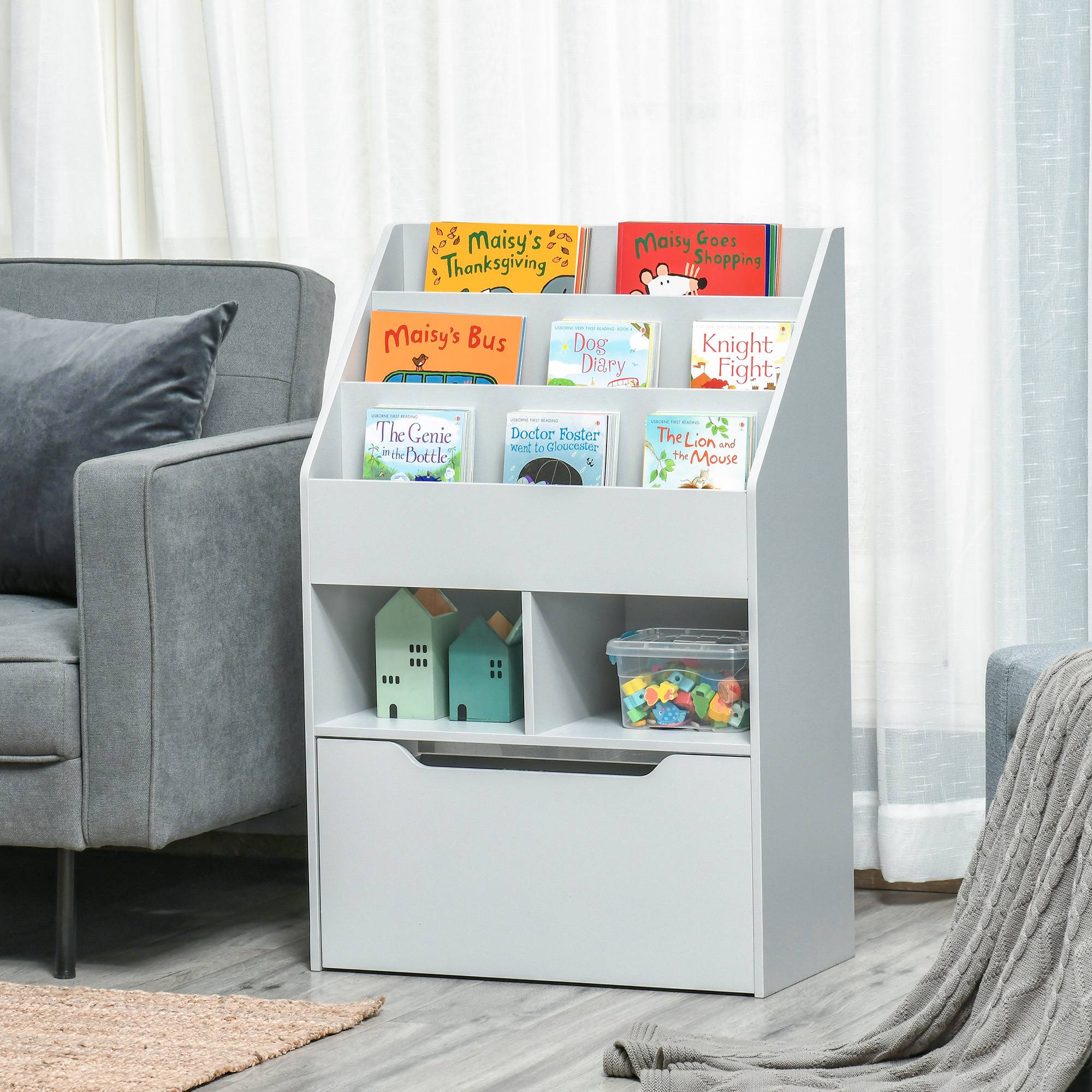 Étagère bois grise 3 compartiments 2 cubes tiroir mobile 4 roulettes rangement jouets livres 60 × 29,9 × 90 cm - Image 4