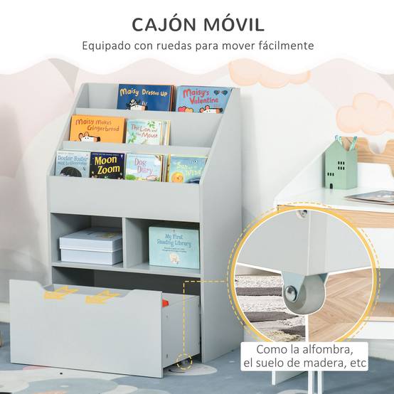Étagère bois grise 3 compartiments 2 cubes tiroir mobile 4 roulettes rangement jouets livres 60 × 29,9 × 90 cm - Image 7