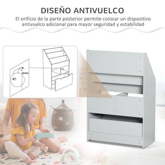 Étagère bois grise 3 compartiments 2 cubes tiroir mobile 4 roulettes rangement jouets livres 60 × 29,9 × 90 cm - Image 8