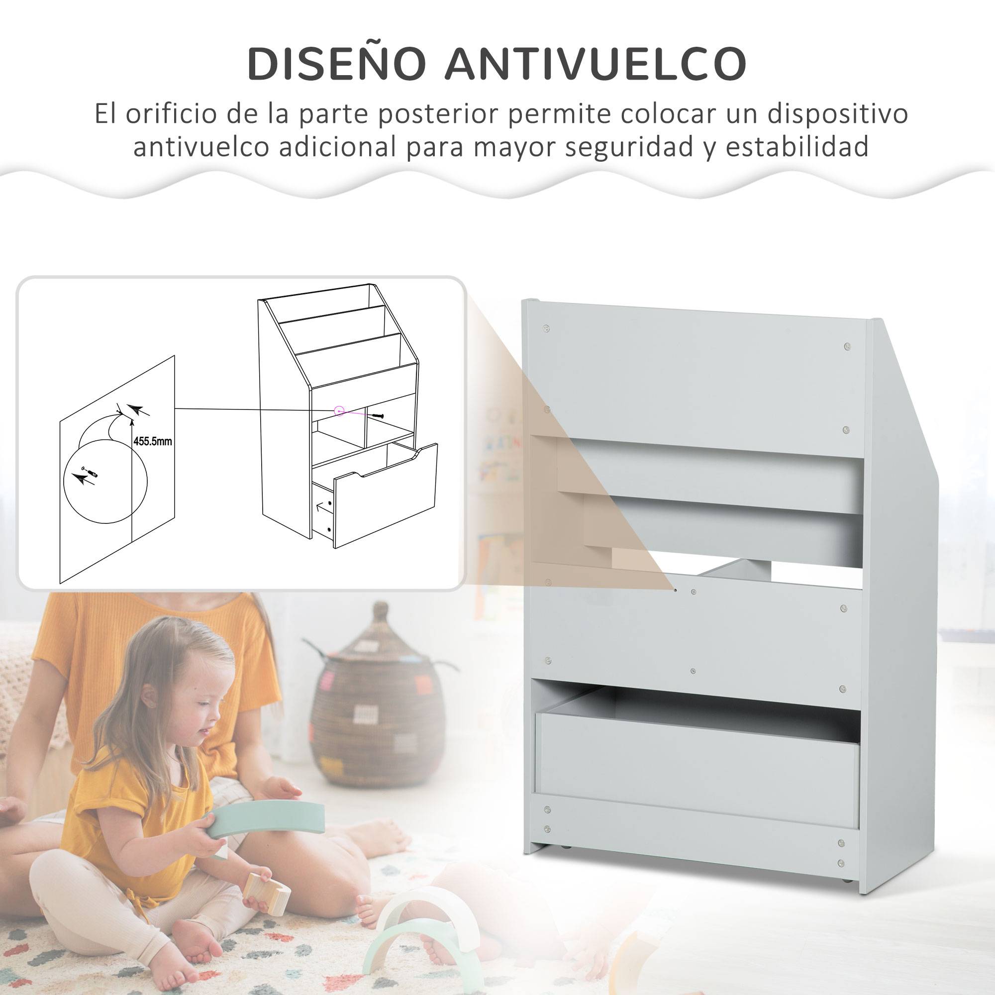 Étagère bois grise 3 compartiments 2 cubes tiroir mobile 4 roulettes rangement jouets livres 60 × 29,9 × 90 cm - Image 8