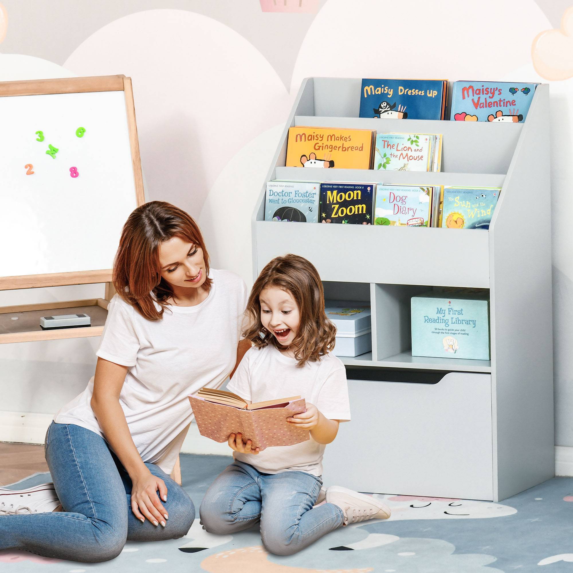 Étagère bois grise 3 compartiments 2 cubes tiroir mobile 4 roulettes rangement jouets livres 60 × 29,9 × 90 cm - Image 3