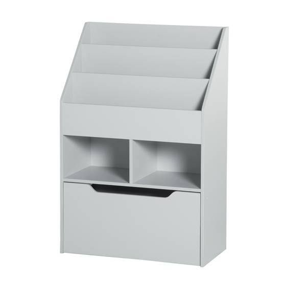 Étagère bois grise 3 compartiments 2 cubes tiroir mobile 4 roulettes rangement jouets livres 60 × 29,9 × 90 cm - Image 2