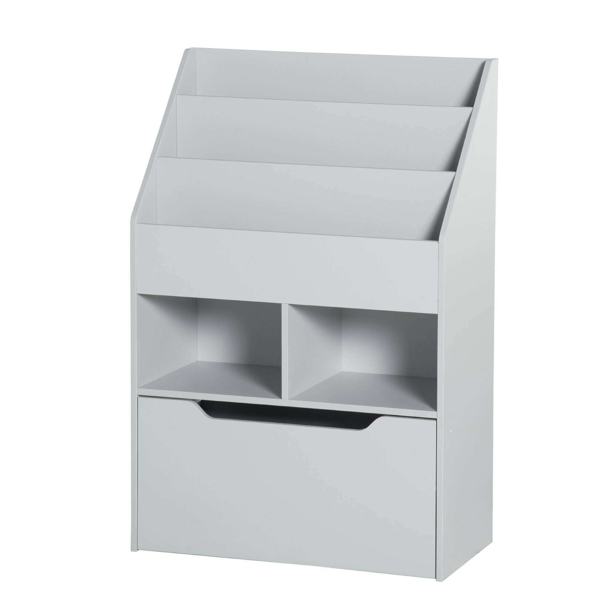 Étagère bois grise 3 compartiments 2 cubes tiroir mobile 4 roulettes rangement jouets livres 60 × 29,9 × 90 cm - Image 2
