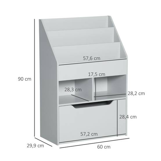 Étagère bois grise 3 compartiments 2 cubes tiroir mobile 4 roulettes rangement jouets livres 60 × 29,9 × 90 cm - Image 5