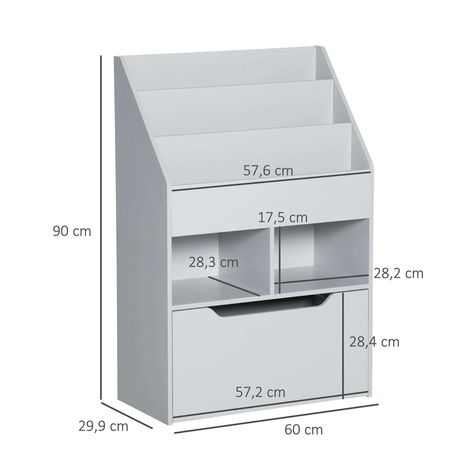 Étagère bois grise 3 compartiments 2 cubes tiroir mobile 4 roulettes rangement jouets livres 60 × 29,9 × 90 cm - Image 5