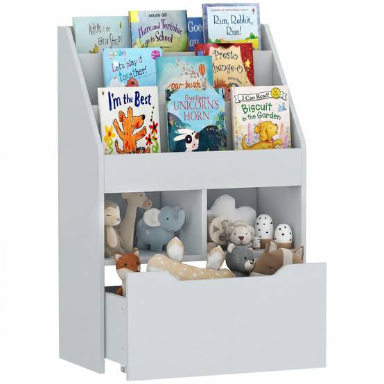 Étagère bois grise 3 compartiments 2 cubes tiroir mobile 4 roulettes rangement jouets livres 60 × 29,9 × 90 cm - Image 1