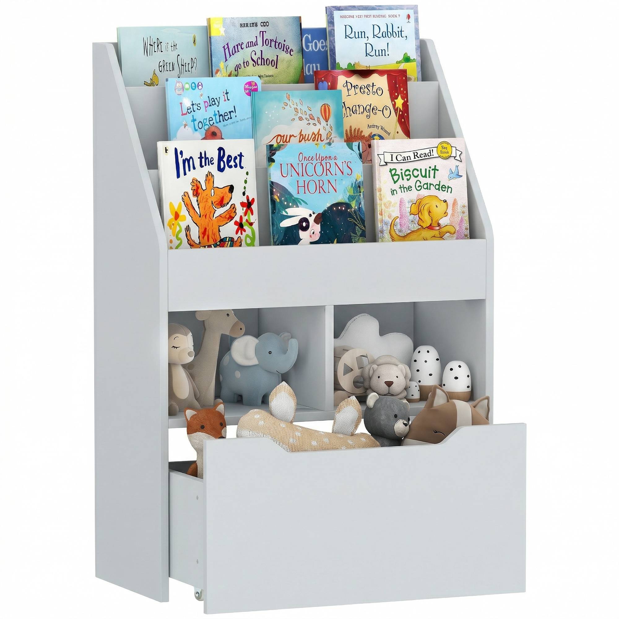 Étagère bois grise 3 compartiments 2 cubes tiroir mobile 4 roulettes rangement jouets livres 60 × 29,9 × 90 cm