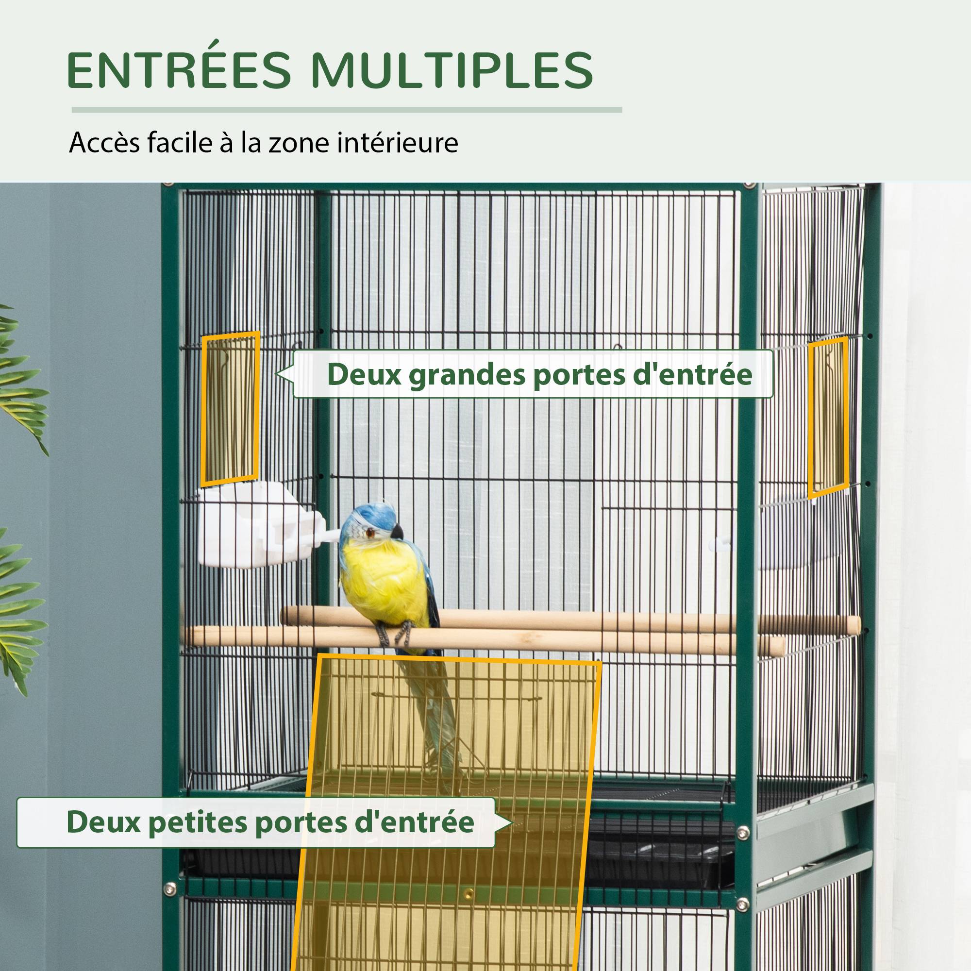 Grande Cage à Oiseaux sur pied double avec mangeoires perchoirs plateau amovible roulettes - Dim. 51,5L x 50l x 140H cm - Image 7