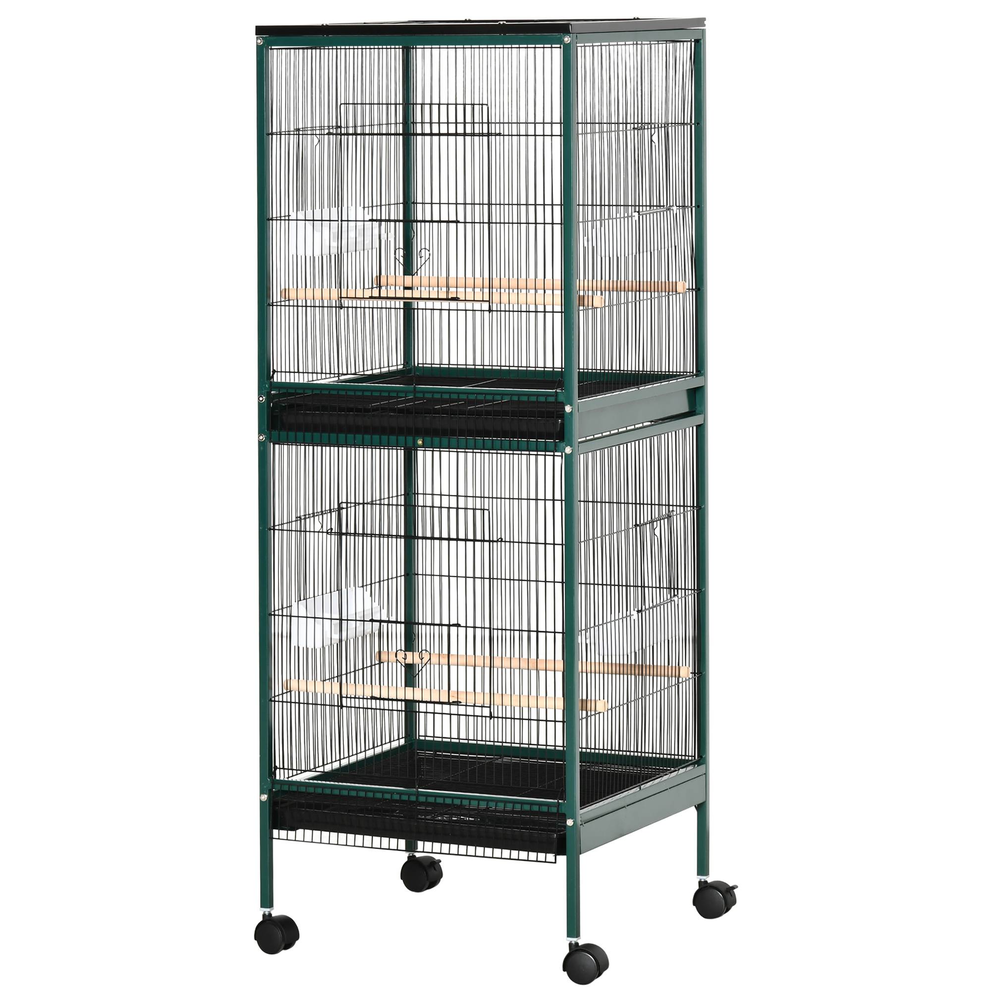 Grande Cage à Oiseaux sur pied double avec mangeoires perchoirs plateau amovible roulettes - Dim. 51,5L x 50l x 140H cm - Image 2