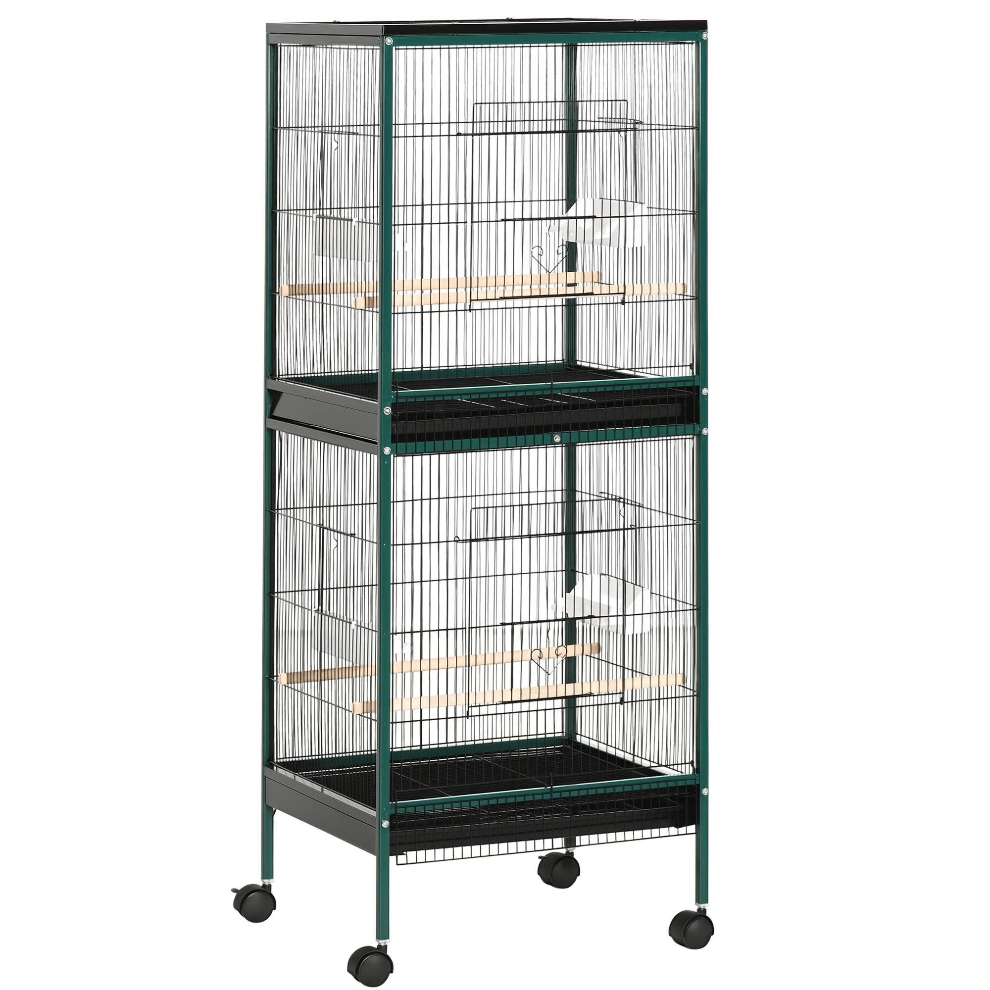Grande Cage à Oiseaux sur pied double avec mangeoires perchoirs plateau amovible roulettes - Dim. 51,5L x 50l x 140H cm - Image 1