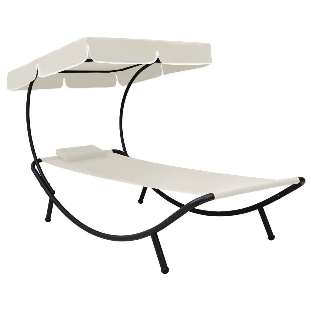 Helloshop26 - Transat chaise longue bain de soleil lit de jardin terrasse meuble d'extérieur avec auvent et oreiller blanc crème - Image 1
