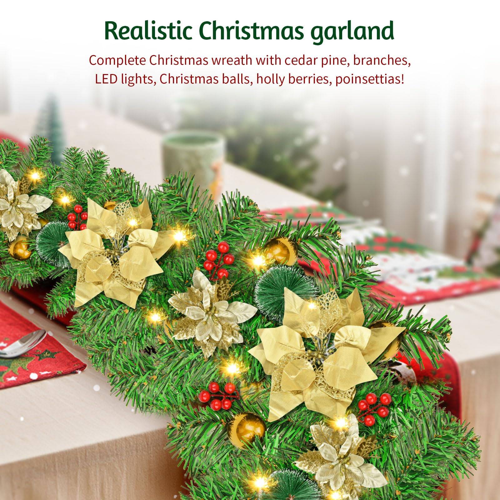 Guirlande de Noël de 180 cm avec lumières LED, décoration de Noël, couronne de Noël artificielle illuminée avec fleurs, décorations pour sapin de Noël - Image 6