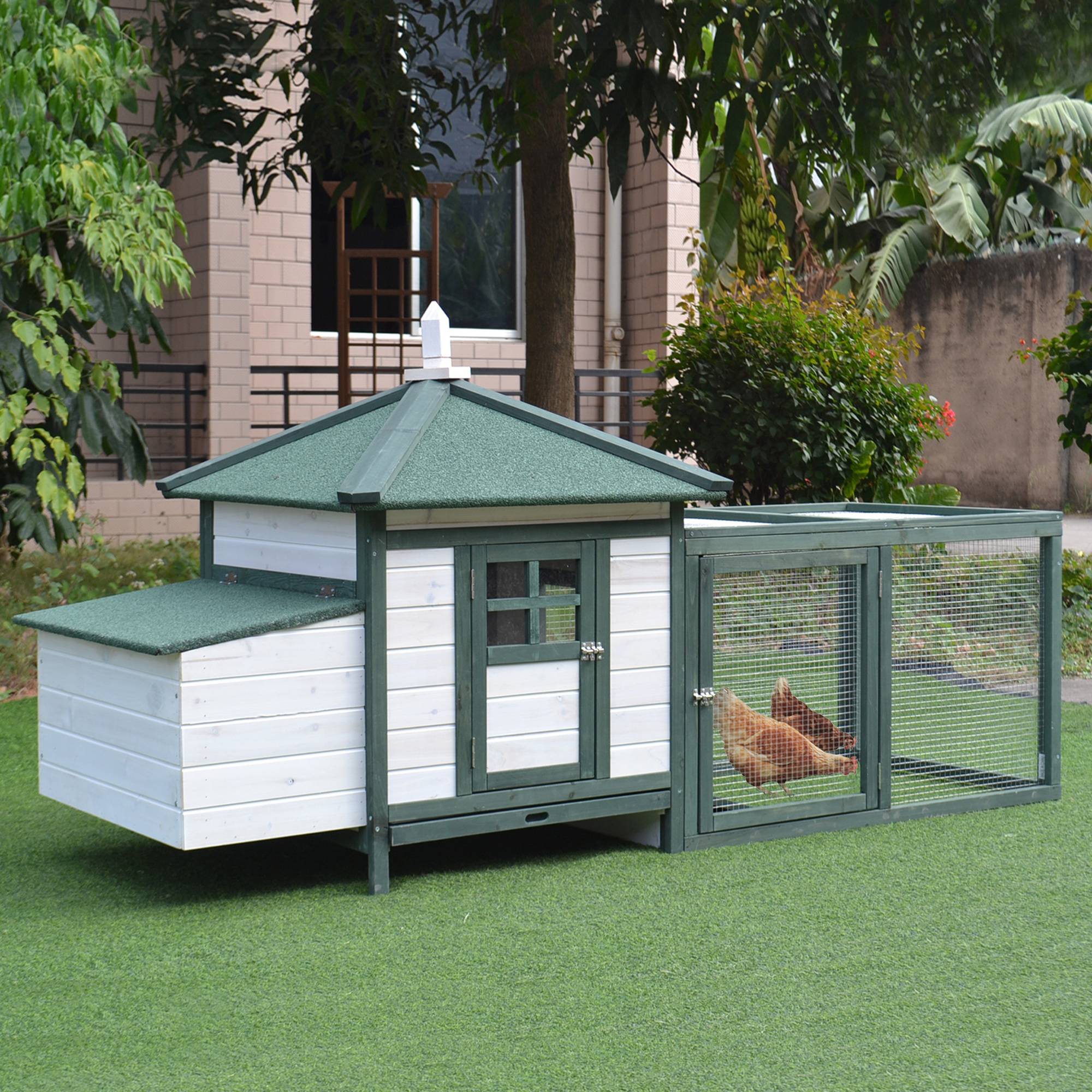 Cage poulailler bois 196x76x97cm verte, nichoir, bac extractible et espace de course - Image 3