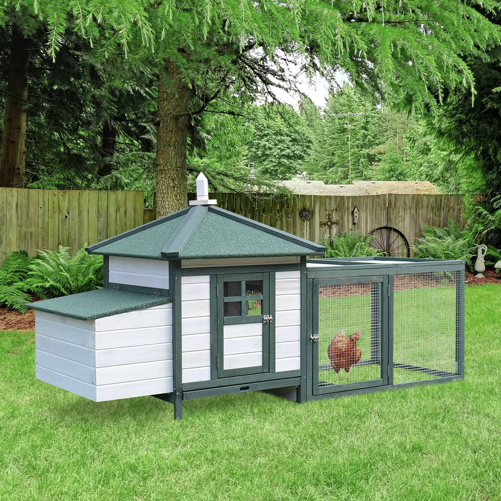 Cage poulailler bois 196x76x97cm verte, nichoir, bac extractible et espace de course - Image 4
