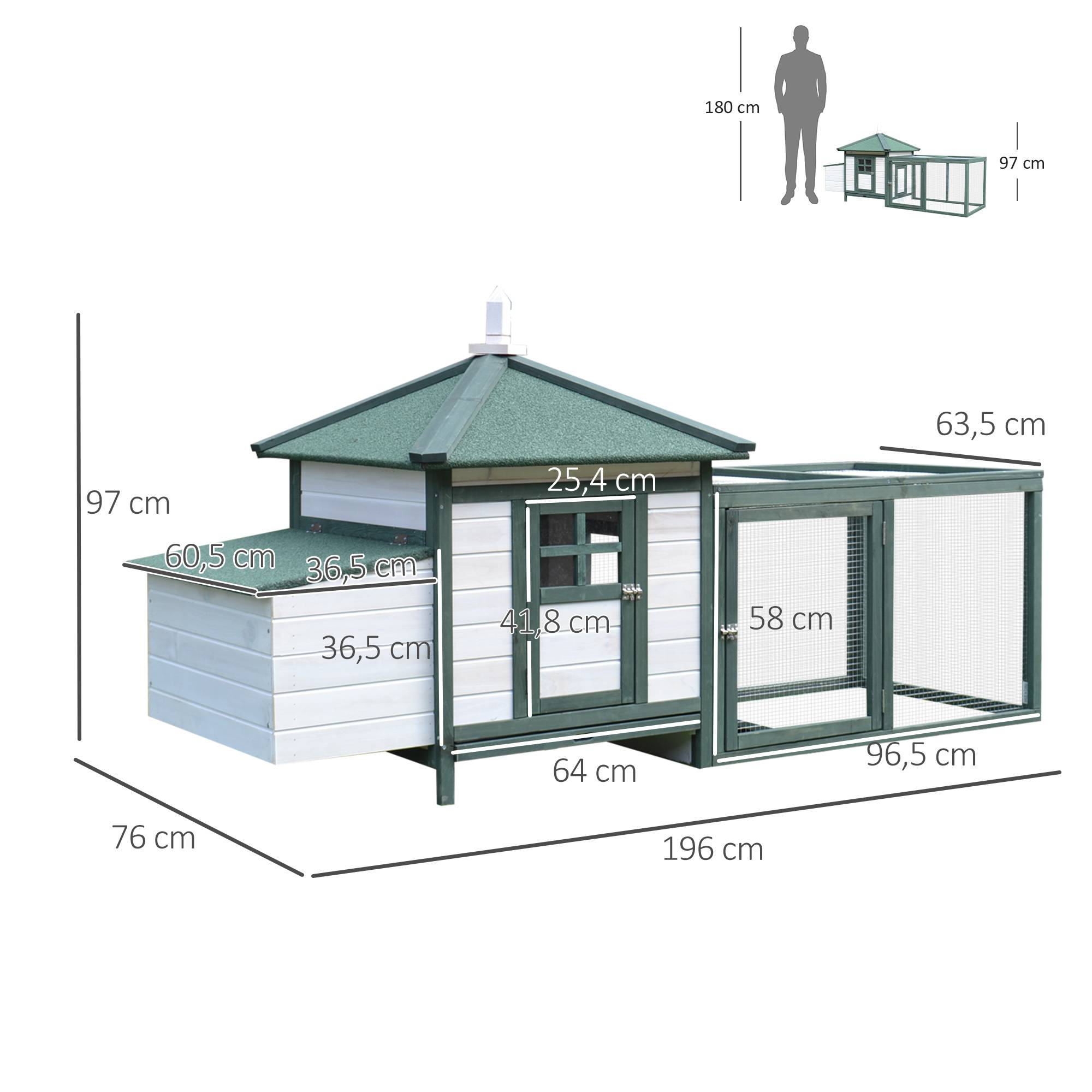 Cage poulailler bois 196x76x97cm verte, nichoir, bac extractible et espace de course - Image 5