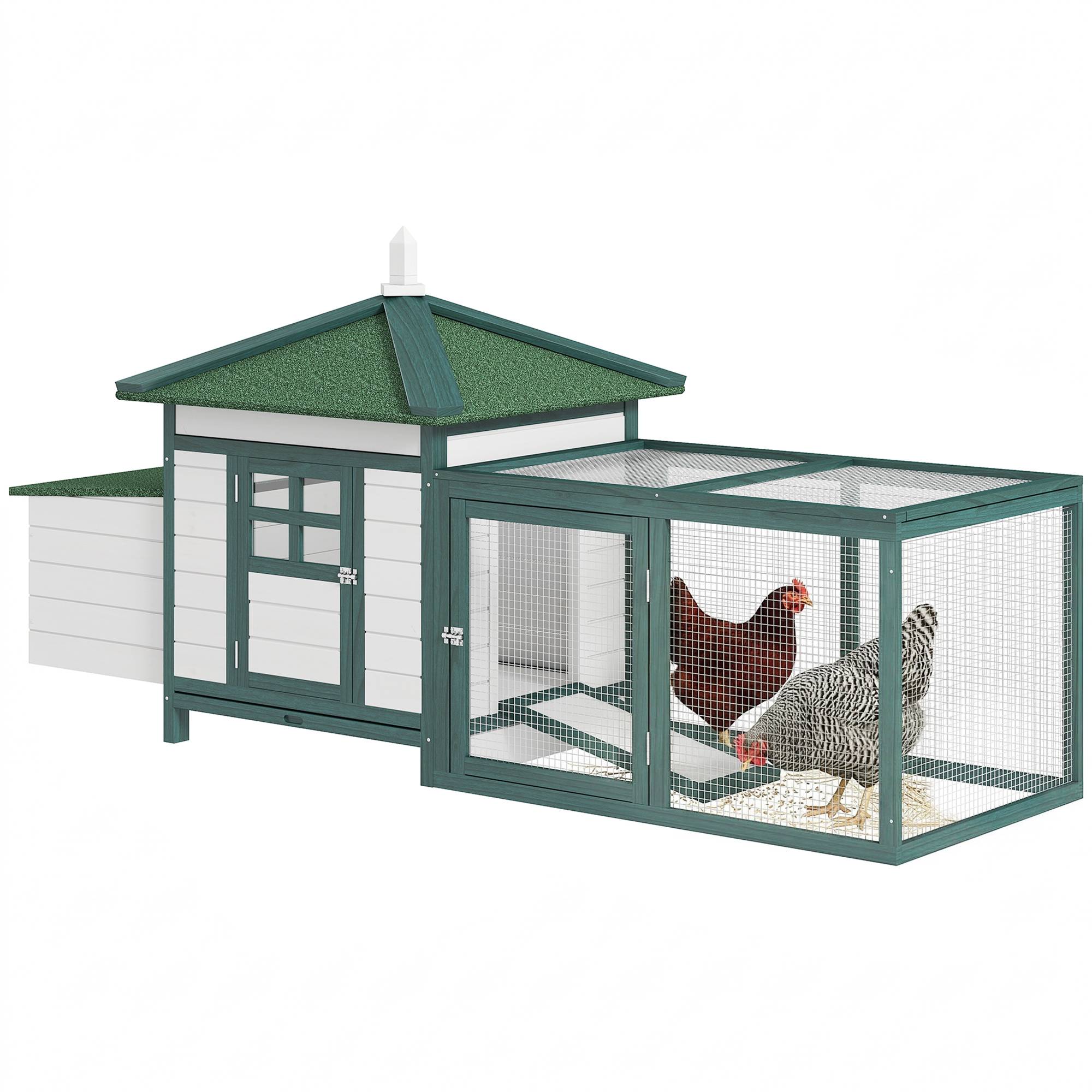 Cage poulailler bois 196x76x97cm verte, nichoir, bac extractible et espace de course - Image 1