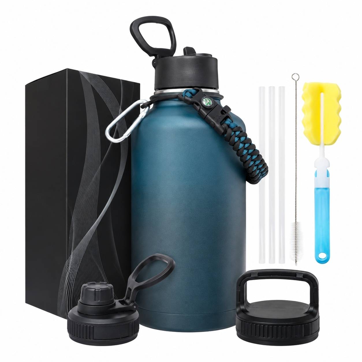Bouteille Isotherme 2L Acier Inoxydable 3 Bouchons Paille Poignée Compas Accessoires Complets - Image 1