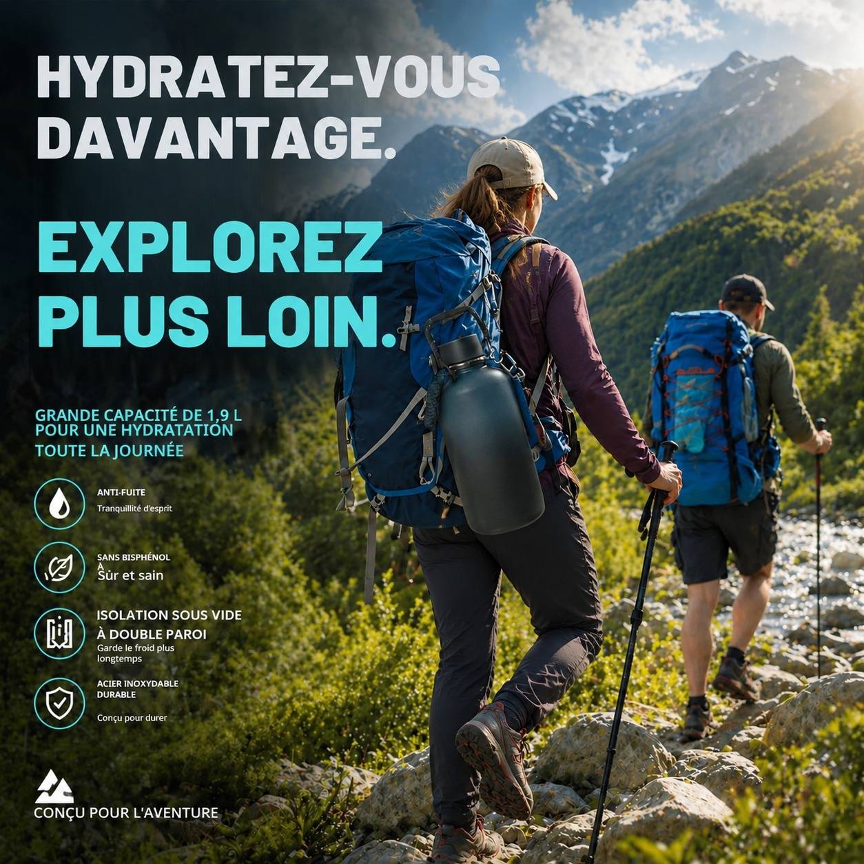 Bouteille Isotherme 2L Acier Inoxydable 3 Bouchons Paille Poignée Compas Accessoires Complets - Image 6