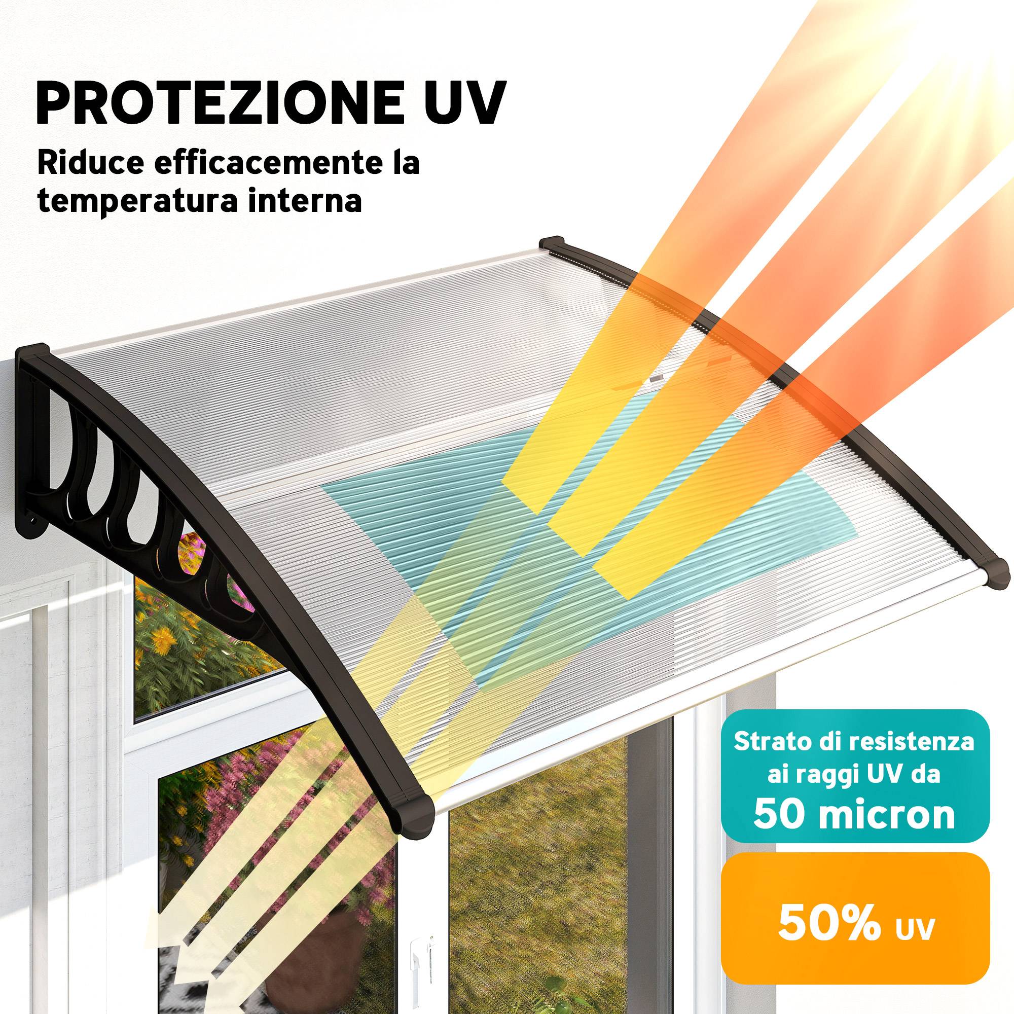 Marquise porte en polycarbonate pour fenêtres protection pluie UV 103x96cm transparent - ComfortXL Outdoor Living - Image 6
