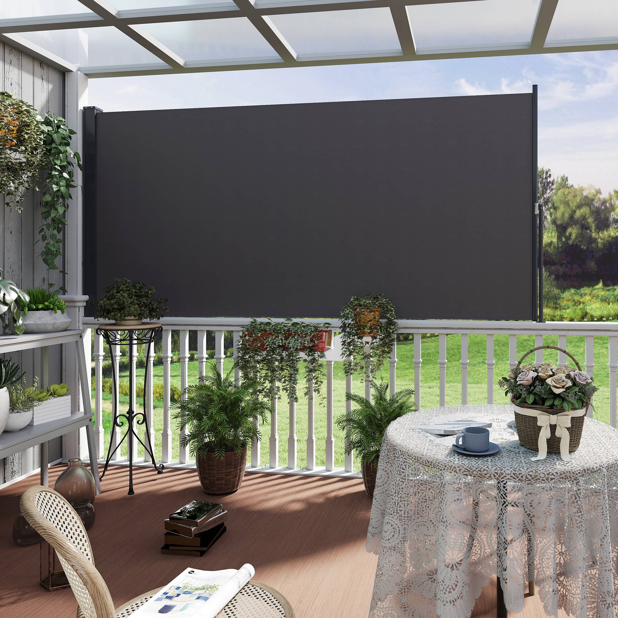 Store latéral brise-vue paravent rétractable 3 x 1,4 m alu. polyester anti-UV haute densité 180 g/m² gris foncé - Image 4