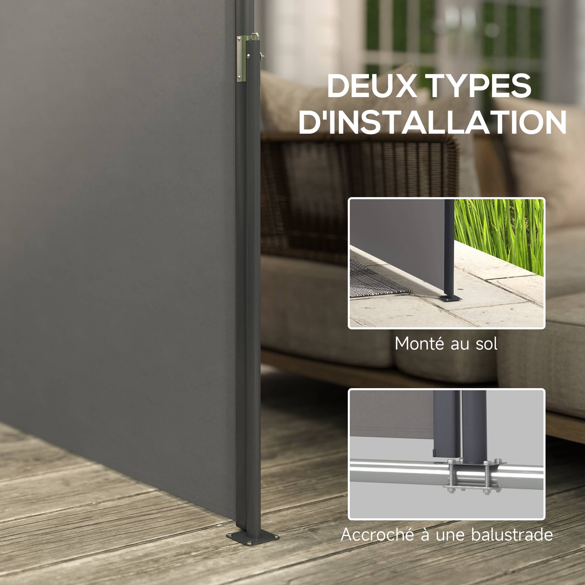 Store latéral brise-vue paravent rétractable 3 x 1,4 m alu. polyester anti-UV haute densité 180 g/m² gris foncé - Image 8