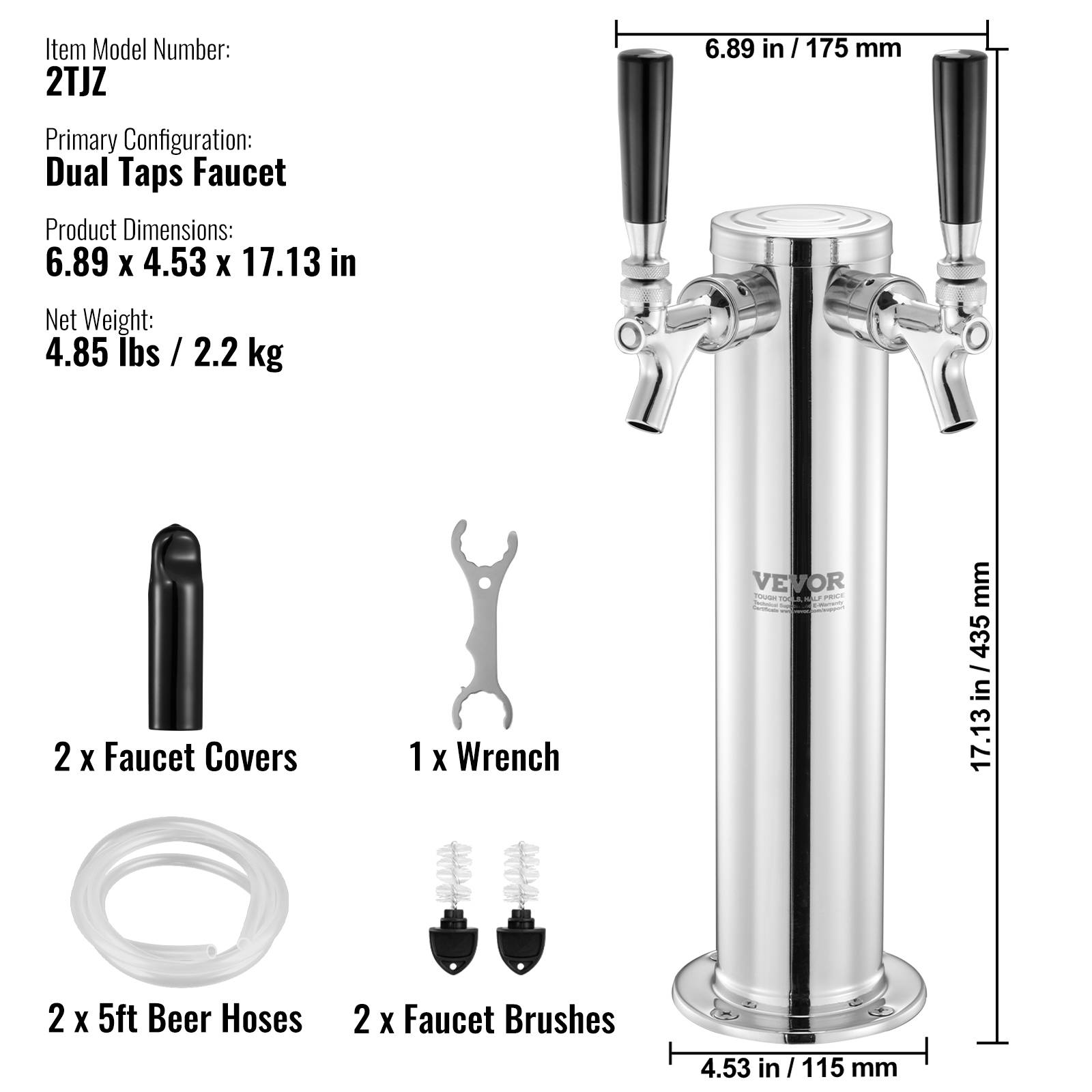 VEVOR Kit colonne bière pression double robinet, inox, tubes pré-assemblés. Bar, café. - Image 7