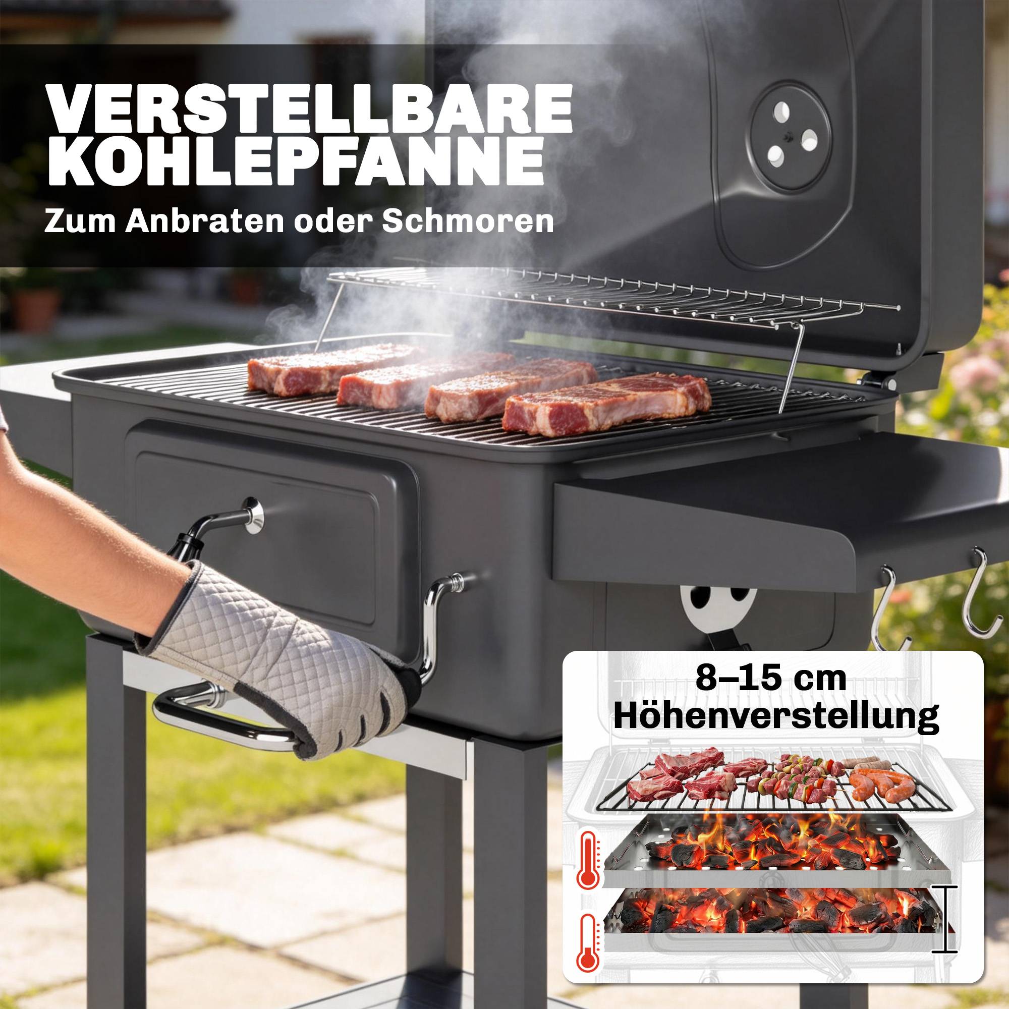 Barbecue fumoir à charbon avec couvercle, thermomètre, bac à charbon réglable en hauteur, grille de cuisson, tablette latérale et tiroir à cendres. - Image 7
