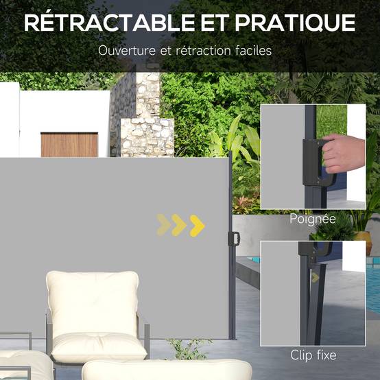 Store latéral Brise-Vue paravent rétractable dim. 4L x 1,80H m alu. Polyester Anti-UV Haute densité 180 g/m² Gris - Image 7