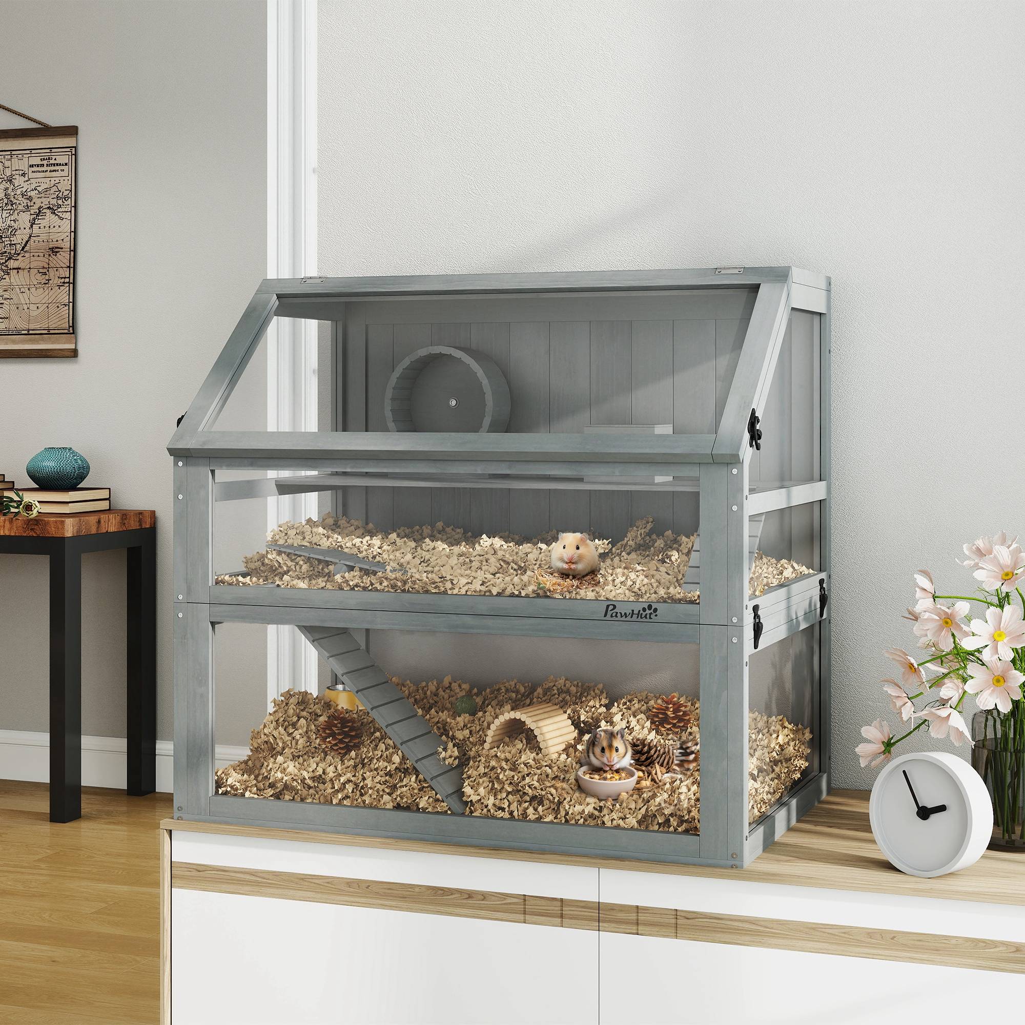 Cage hamster bois 3 étages, sous-sol profond, niveaux amovibles, petits animaux, 80x50x76cm, gris clair - Image 4
