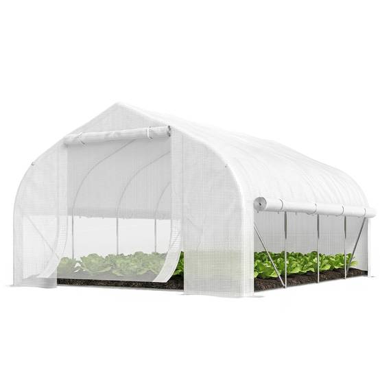 Serre tunnel de 4 x 3 x 2 m avec porte grillagée et 8 fenêtres, toit pointu et bâche blanche en polyéthylène. - Image 2