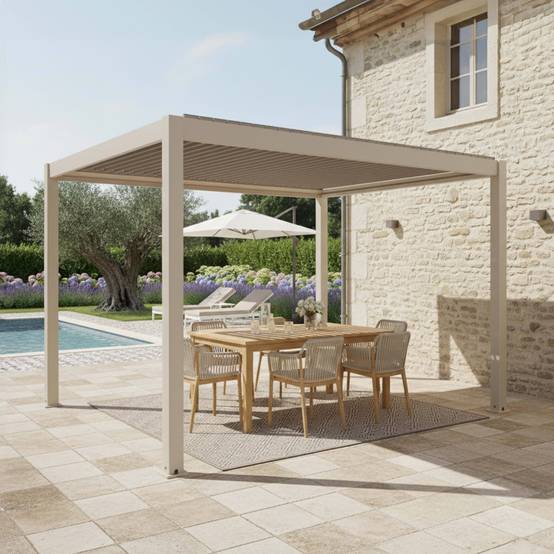 Oviala - Pergola bioclimatique autoportée 3x4m et 1 store bois crème Athenes - Oviala - Image 5