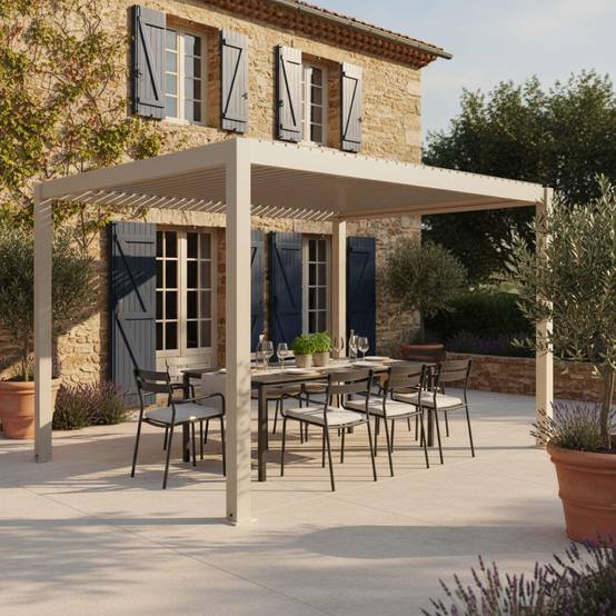 Oviala - Pergola bioclimatique autoportée 3x4m et 1 store bois crème Athenes - Oviala - Image 3