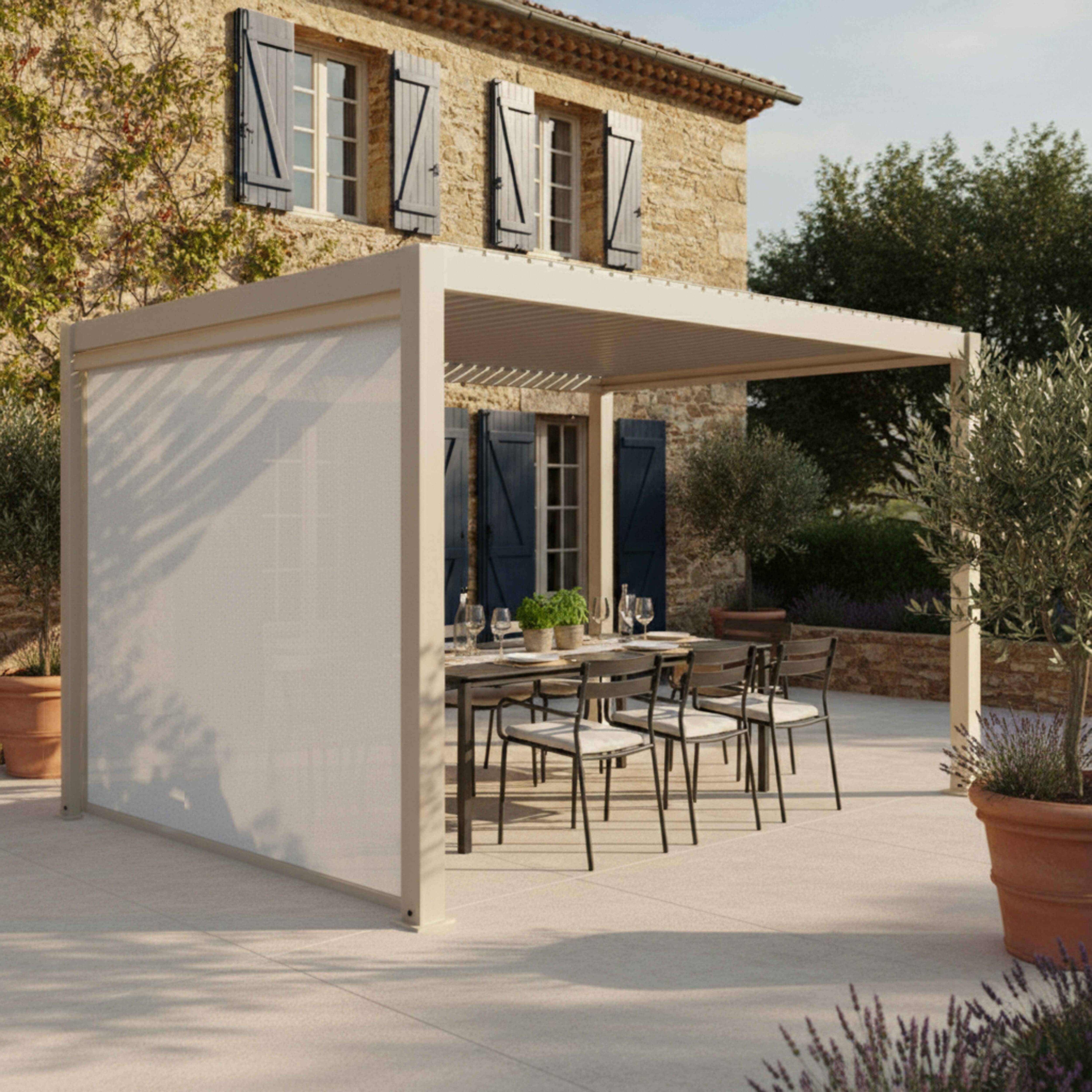 Oviala - Pergola bioclimatique autoportée 3x4m et 1 store bois crème Athenes - Oviala