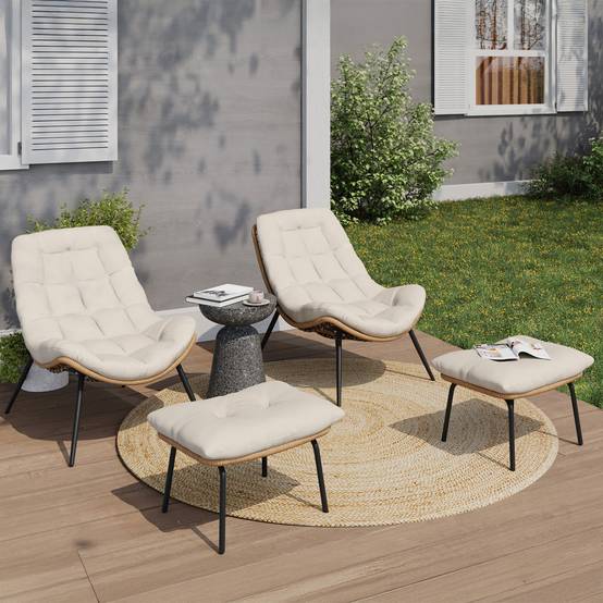 IDMARKET - Lot de 2 fauteuils de jardin relax LOA effet rotin avec coussins écrus et repose-pieds - Image 1