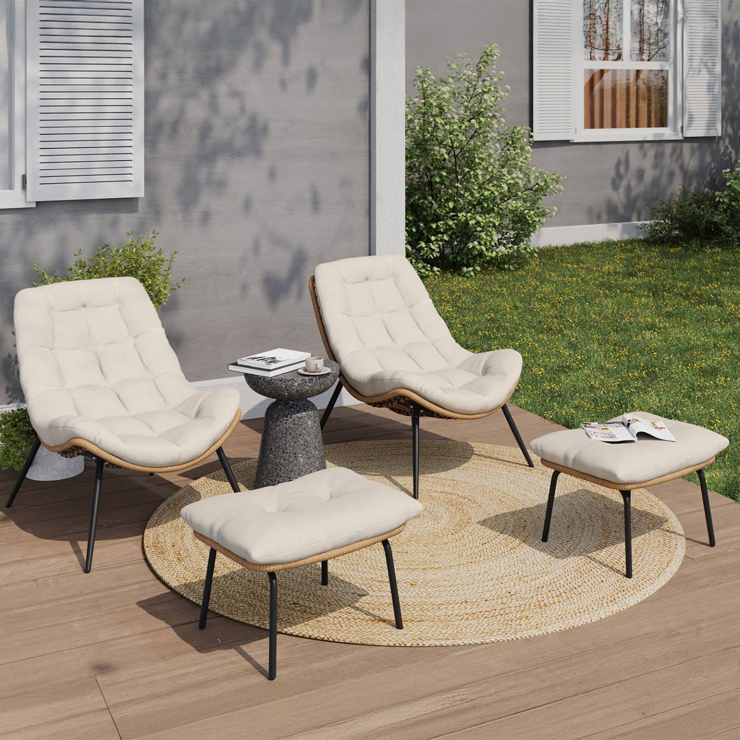 IDMARKET - Lot de 2 fauteuils de jardin relax LOA effet rotin avec coussins écrus et repose-pieds - Image 1