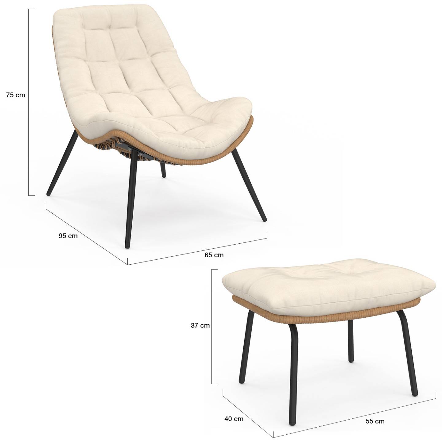 IDMARKET - Lot de 2 fauteuils de jardin relax LOA effet rotin avec coussins écrus et repose-pieds - Image 5