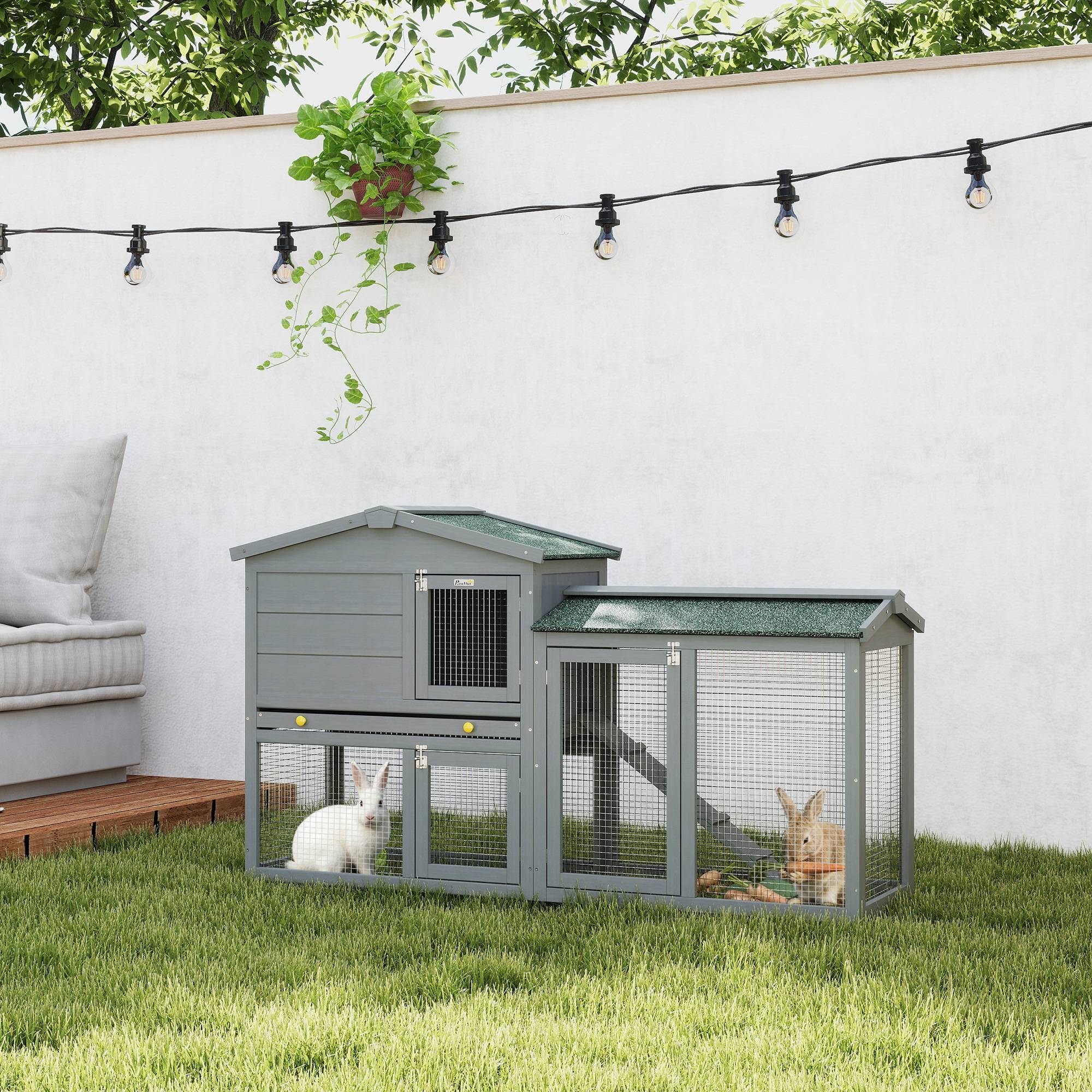 Grand Clapier Extérieur Bois à 2 Niveaux Enclos Intégré Toit Bitumé 150cm Gris - ComfortXL Outdoor Living - Image 3