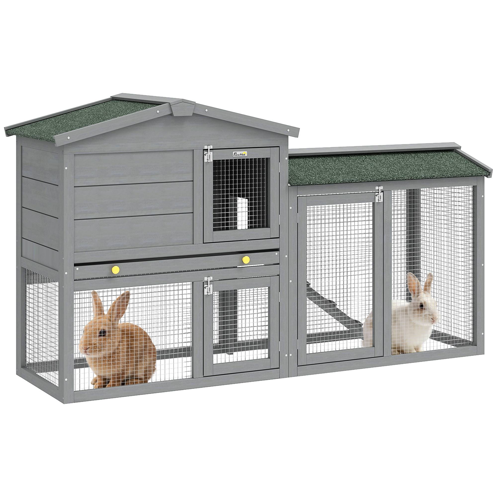 Grand Clapier Extérieur Bois à 2 Niveaux Enclos Intégré Toit Bitumé 150cm Gris - ComfortXL Outdoor Living - Image 1