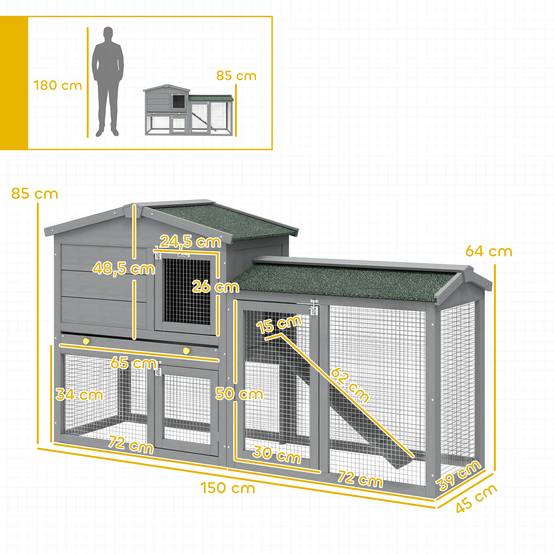 Grand Clapier Extérieur Bois à 2 Niveaux Enclos Intégré Toit Bitumé 150cm Gris - ComfortXL Outdoor Living - Image 5