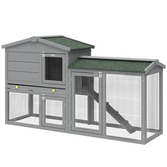 Grand Clapier Extérieur Bois à 2 Niveaux Enclos Intégré Toit Bitumé 150cm Gris - ComfortXL Outdoor Living - Image 2