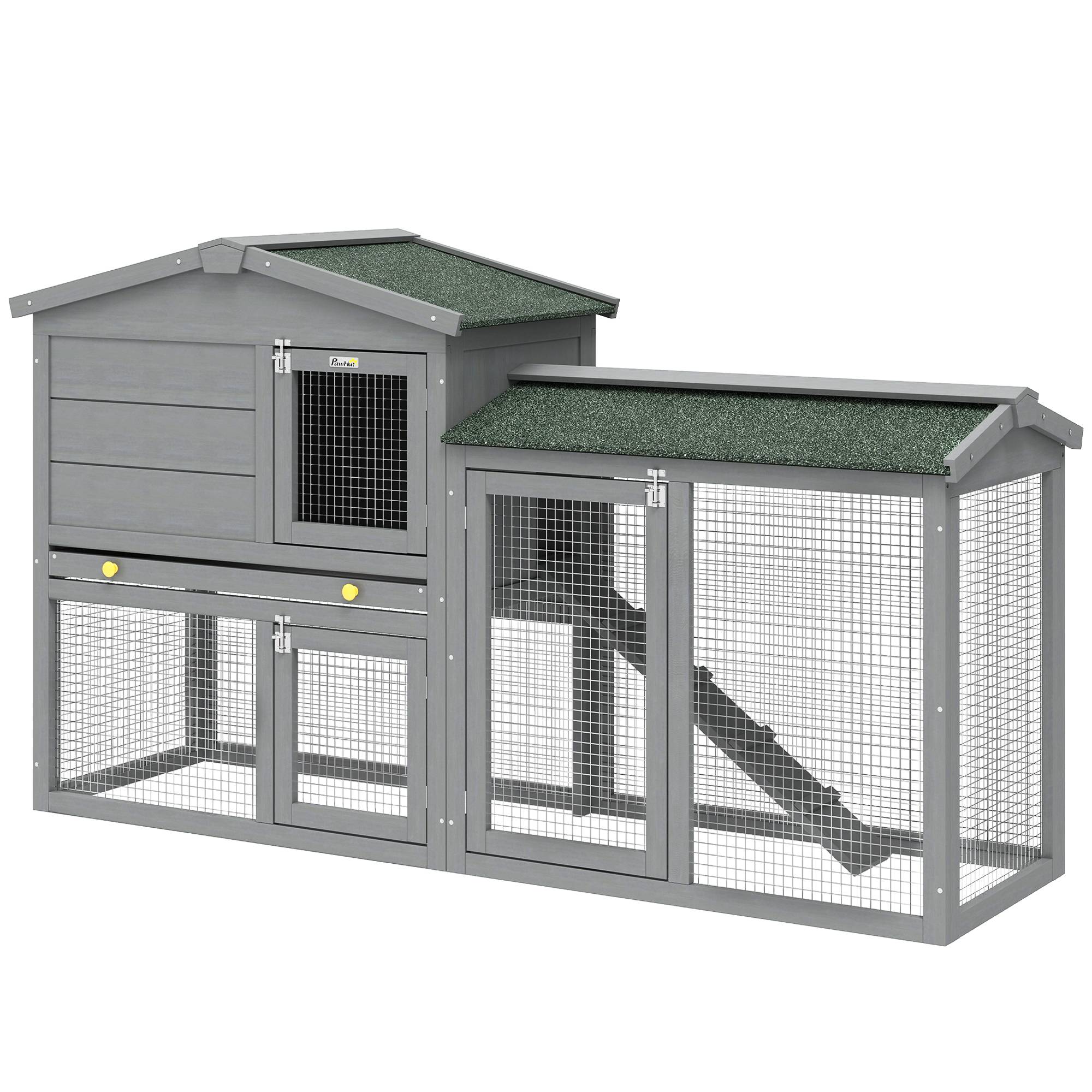 Grand Clapier Extérieur Bois à 2 Niveaux Enclos Intégré Toit Bitumé 150cm Gris - ComfortXL Outdoor Living - Image 2
