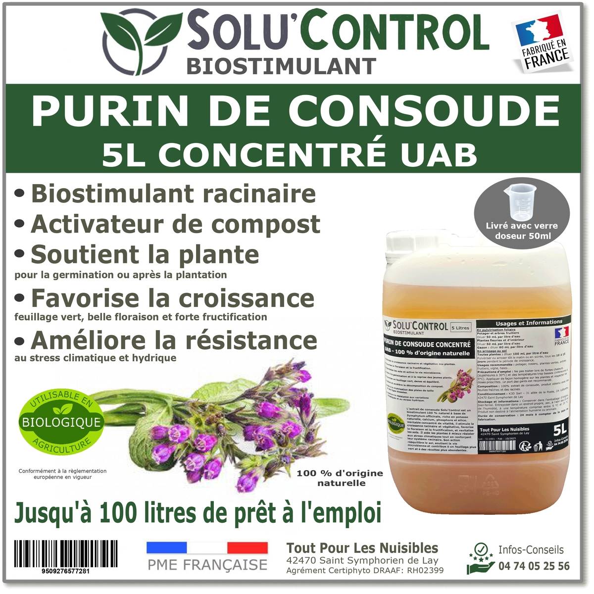 SOLU'CONTROL - Purin de Consoude - 5L Concentré Biostimulant Racinaire, Favorise la Croissance et la Floraison - Image 1