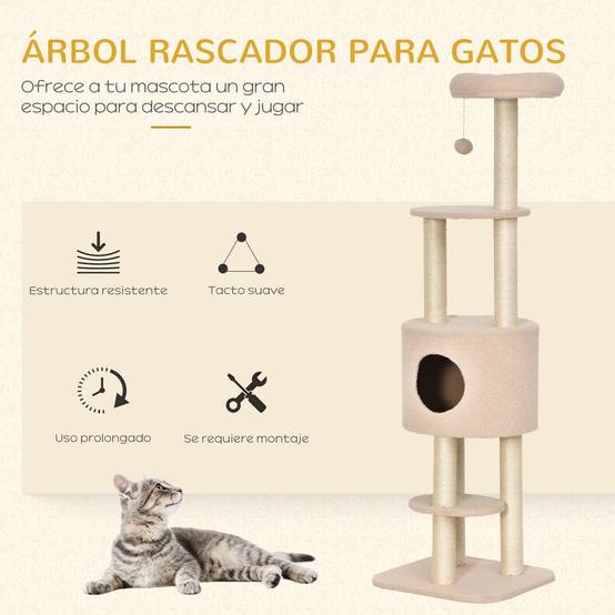 Arbre à chat à griffer, hauteur 148 cm, avec poteaux en sisal, plateformes, maisonnette et balle suspendue, beige - Image 6