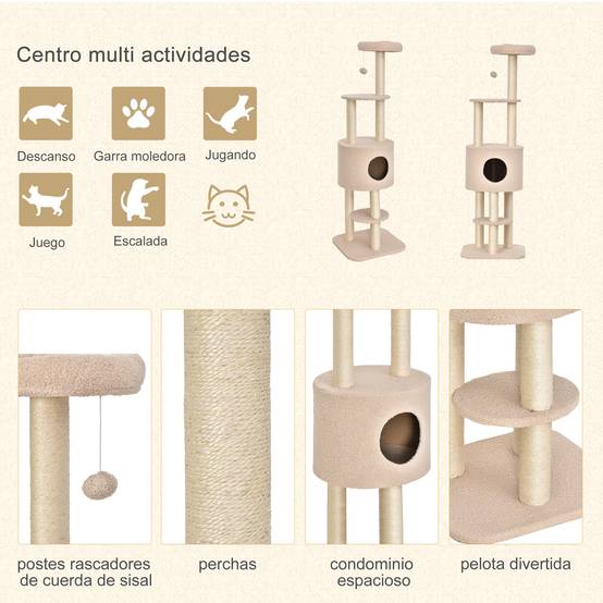 Arbre à chat à griffer, hauteur 148 cm, avec poteaux en sisal, plateformes, maisonnette et balle suspendue, beige - Image 7