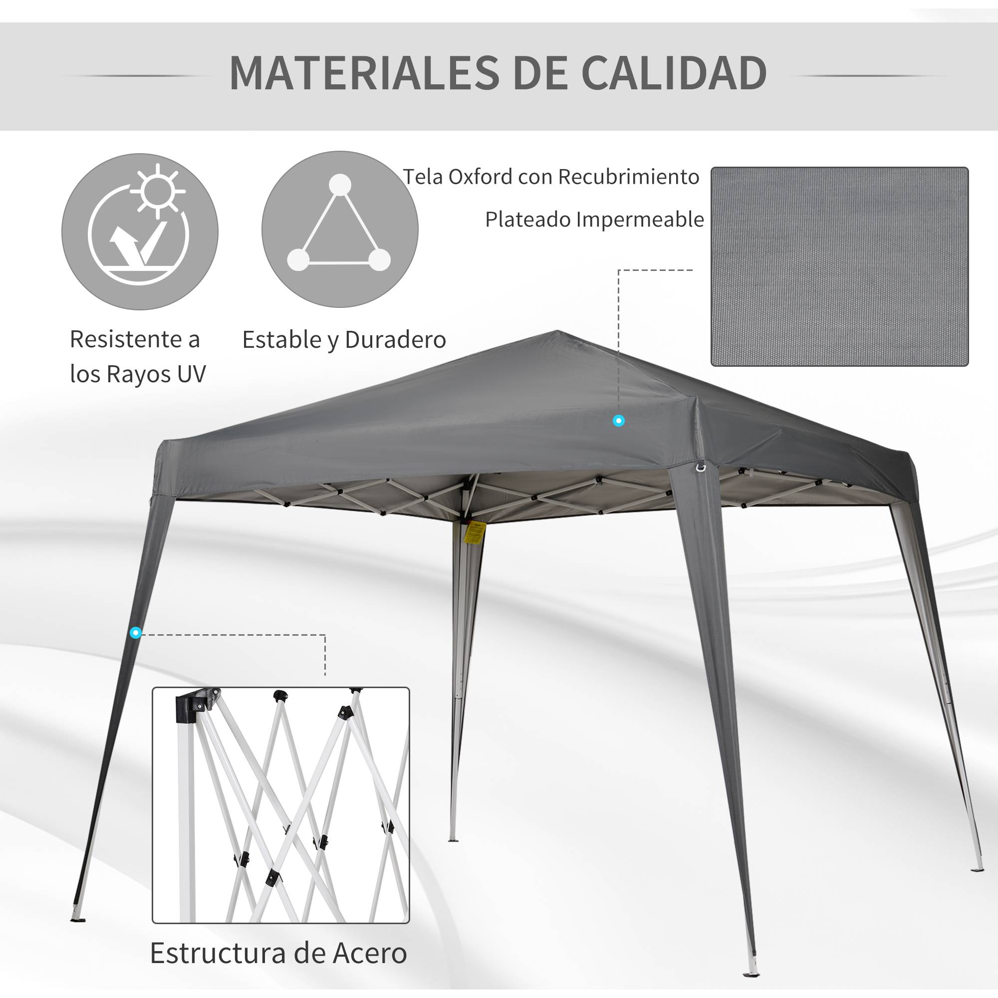 Tente pliante 2,4 x 2,4 m, tonnelle de jardin imperméable, montage instantané, structure en acier et toile Oxford, grise. - Image 8