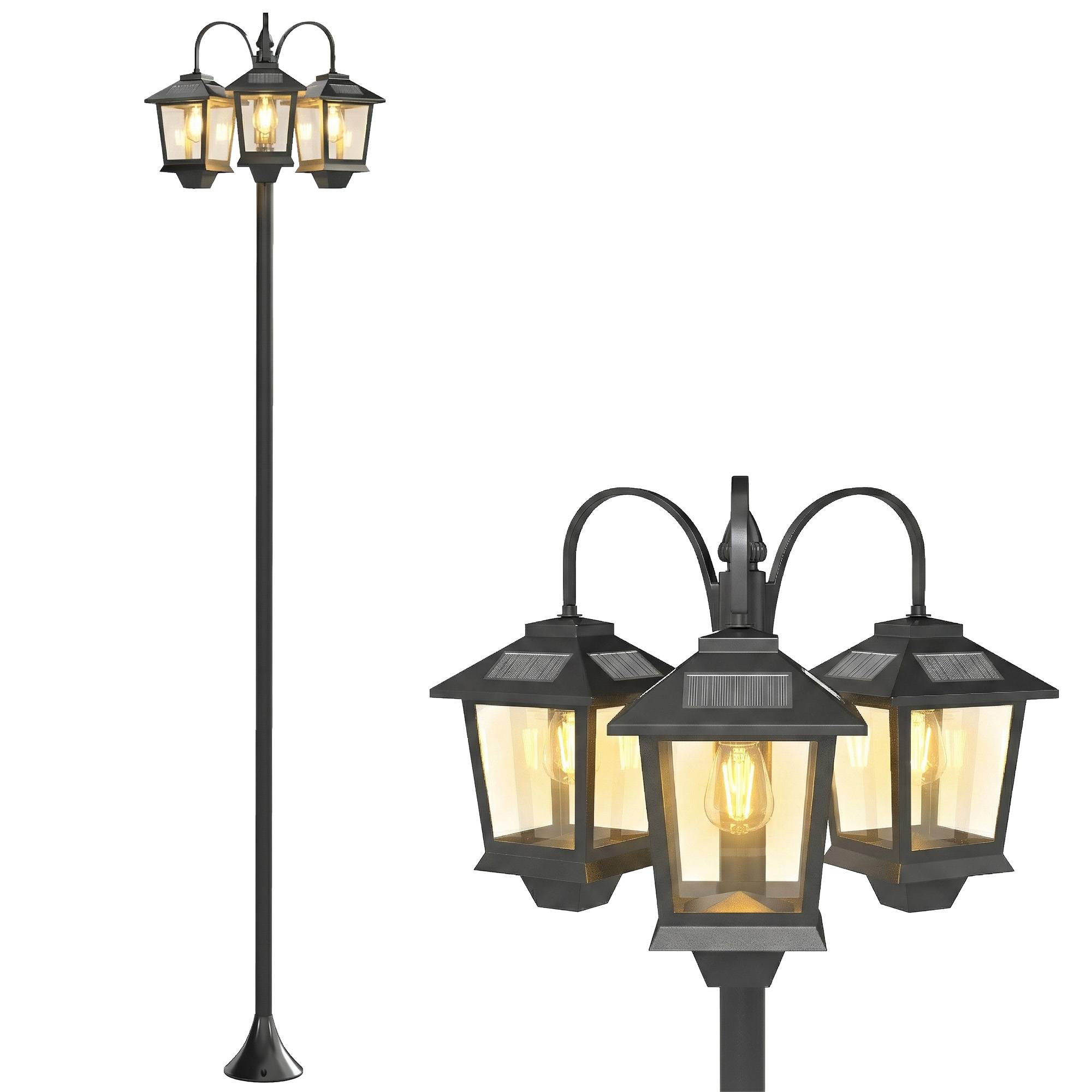 Lampadaire solaire extérieur en aluminium, 3 têtes, allumage/extinction automatique, IP44, 40 x 34,5 x 188 cm, noir