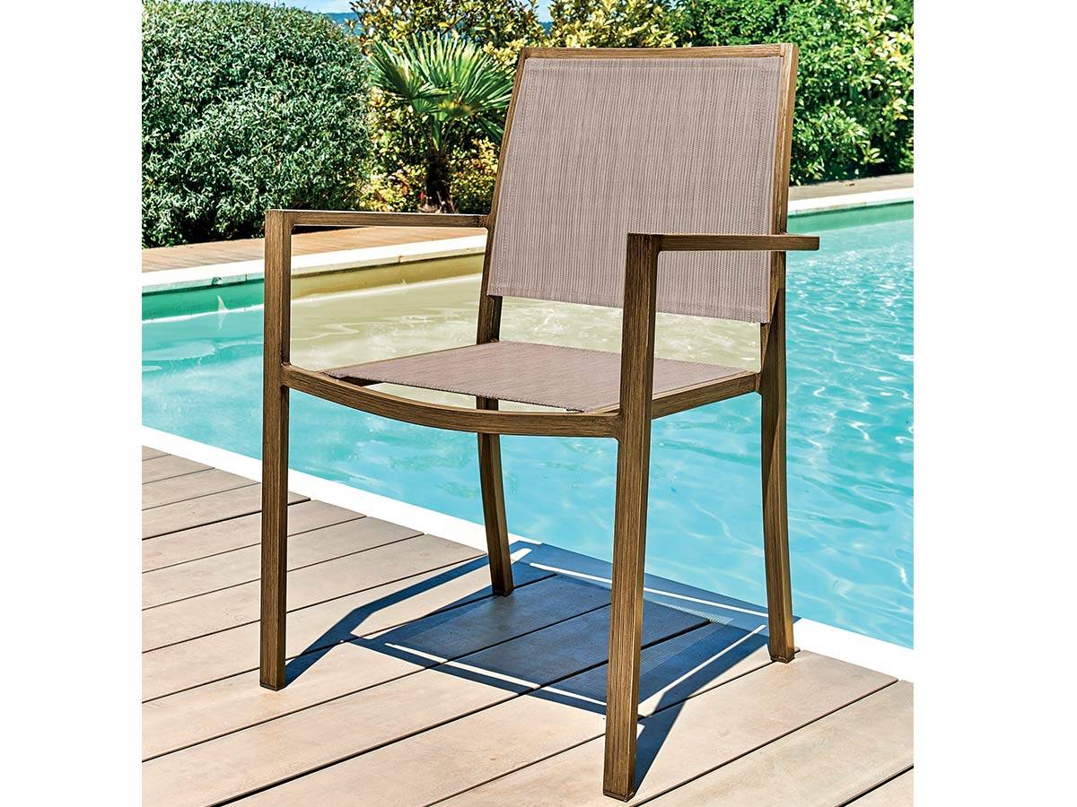 Ensemble repas table rectangulaire extensible en aluminium aspect Teck SANTORIN avec 10 fauteuils - Jardiline - Image 4